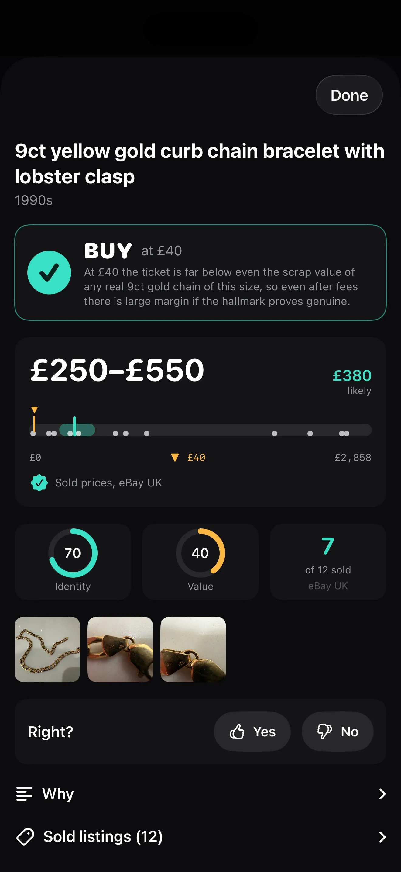 Magpie's result for a gold chain: buy at £40, sold range £250 to £550, most likely £380
