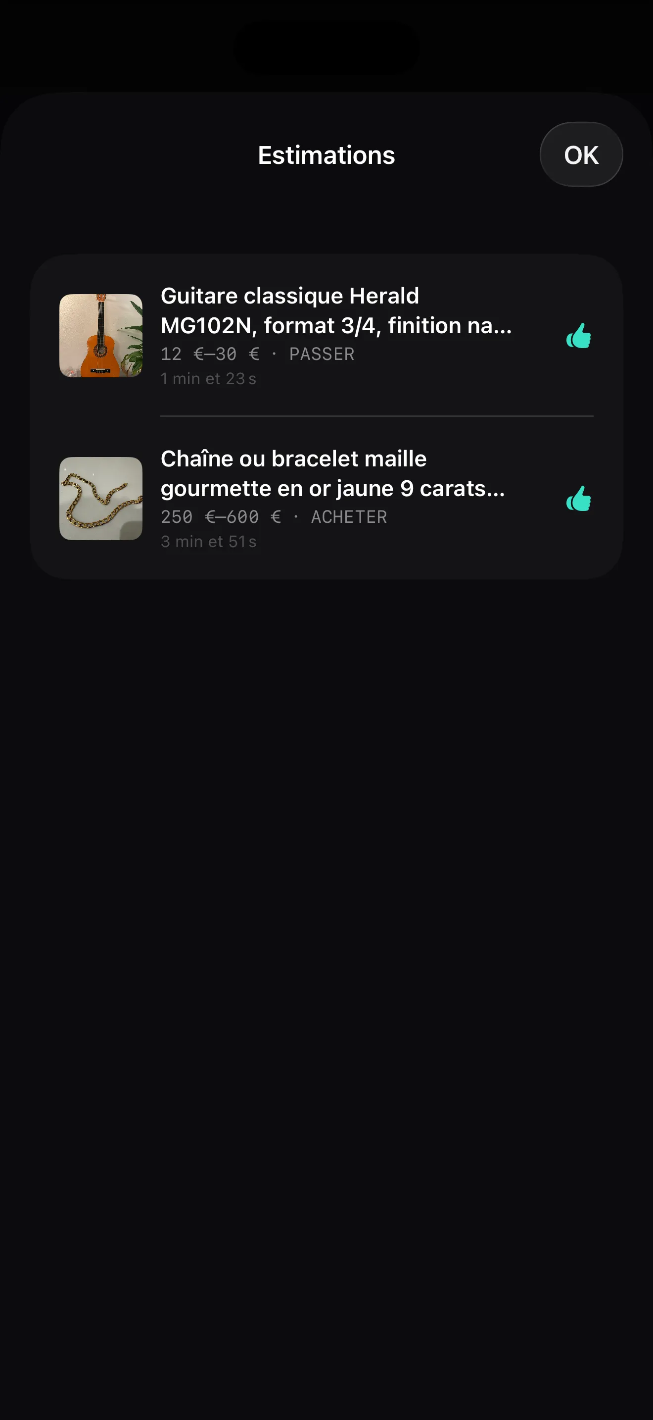 La liste des estimations passées avec leurs fourchettes et verdicts